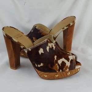 Stuart Weitzman Open Toe Calf Hair Studded Mules